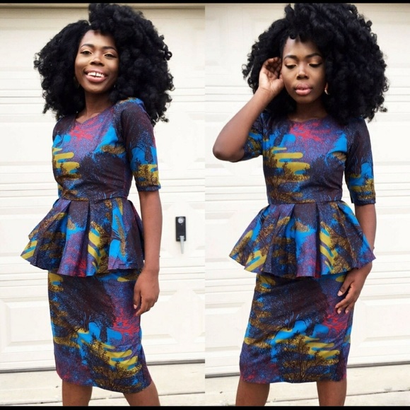 Women African print set of peplum top and sirtk - Picture 4 of 5